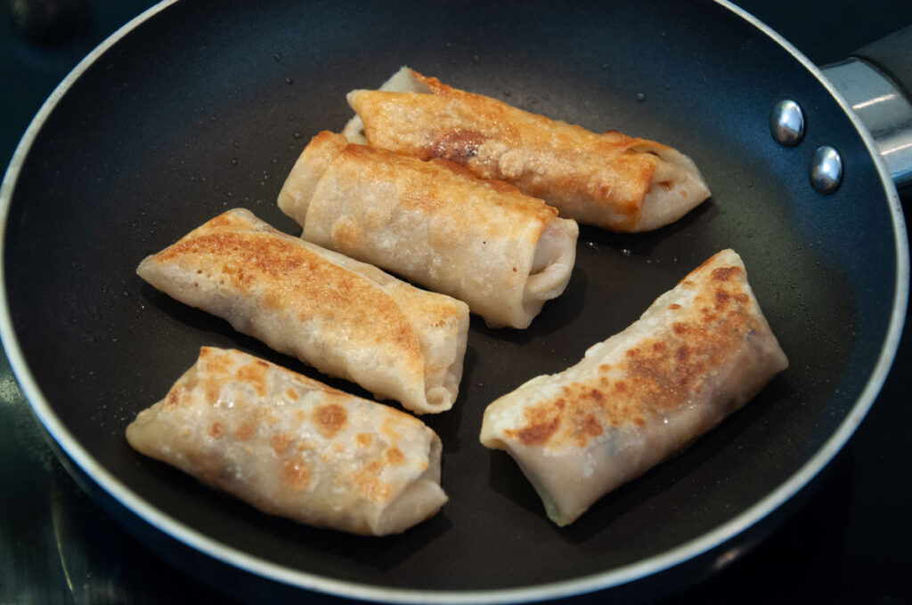vegan spring rolls in pan