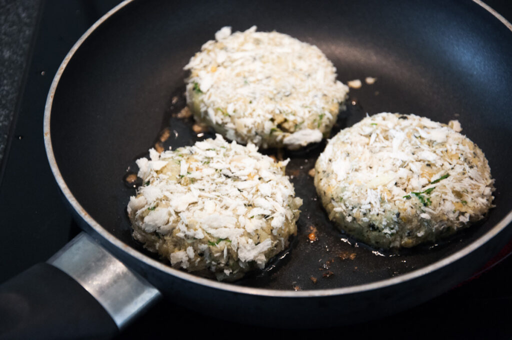 vegan crab cakes in pan