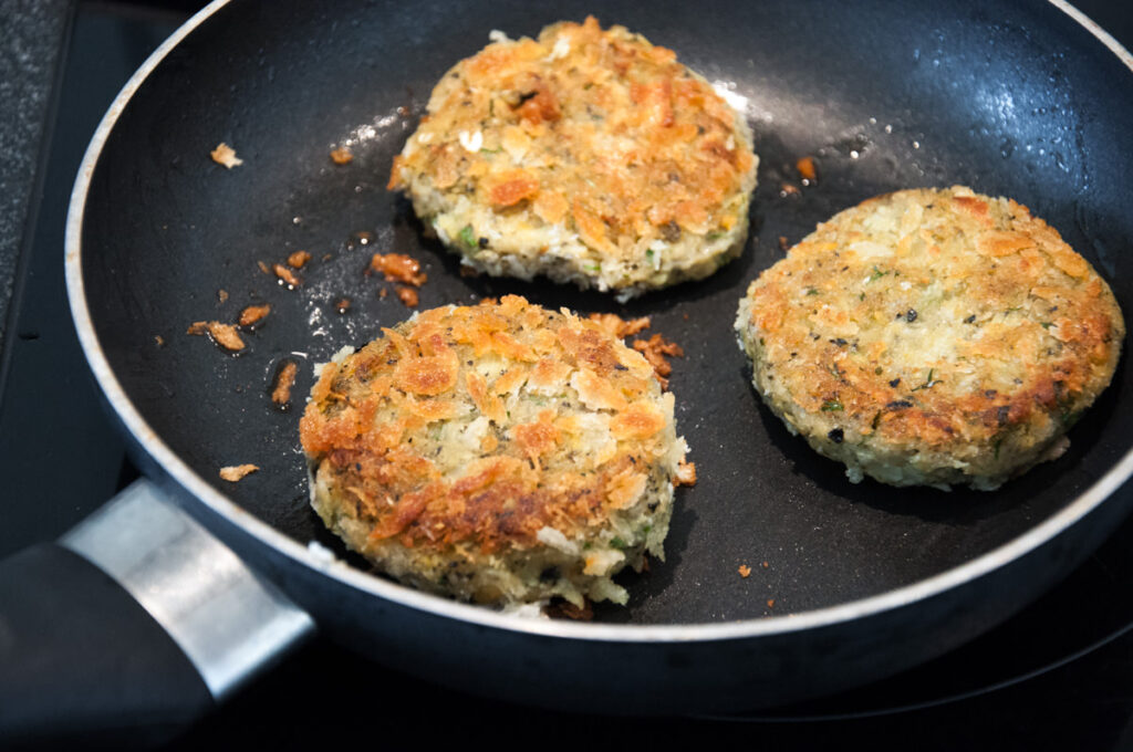 vegan crab cakes in pan