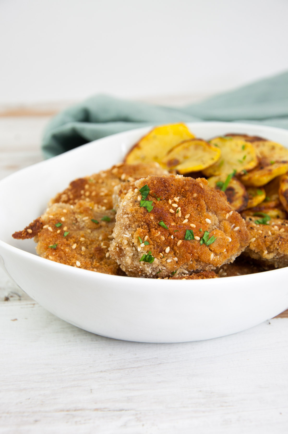 Seitan Chicken Nuggets with baked potato slices