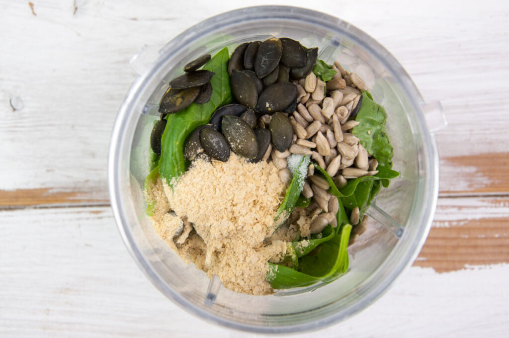 ingredients for basil pesto in blender