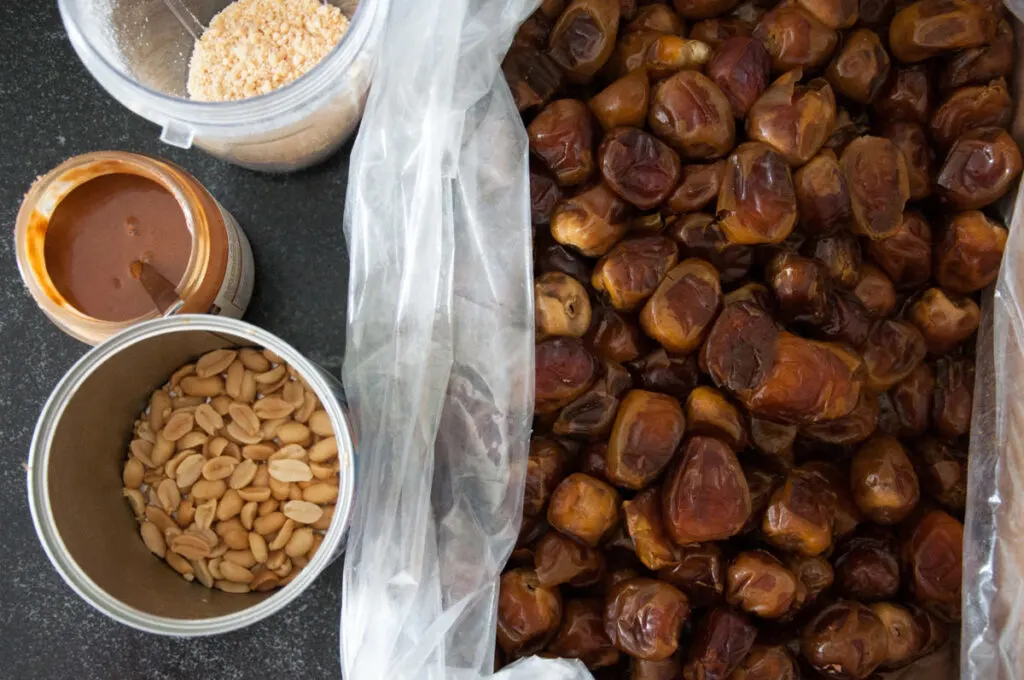 dates, almond butter, peanuts