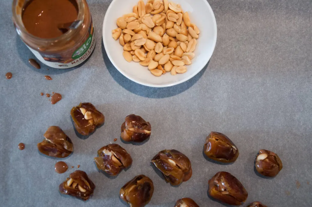 dates stuffed with almond butter and peanuts