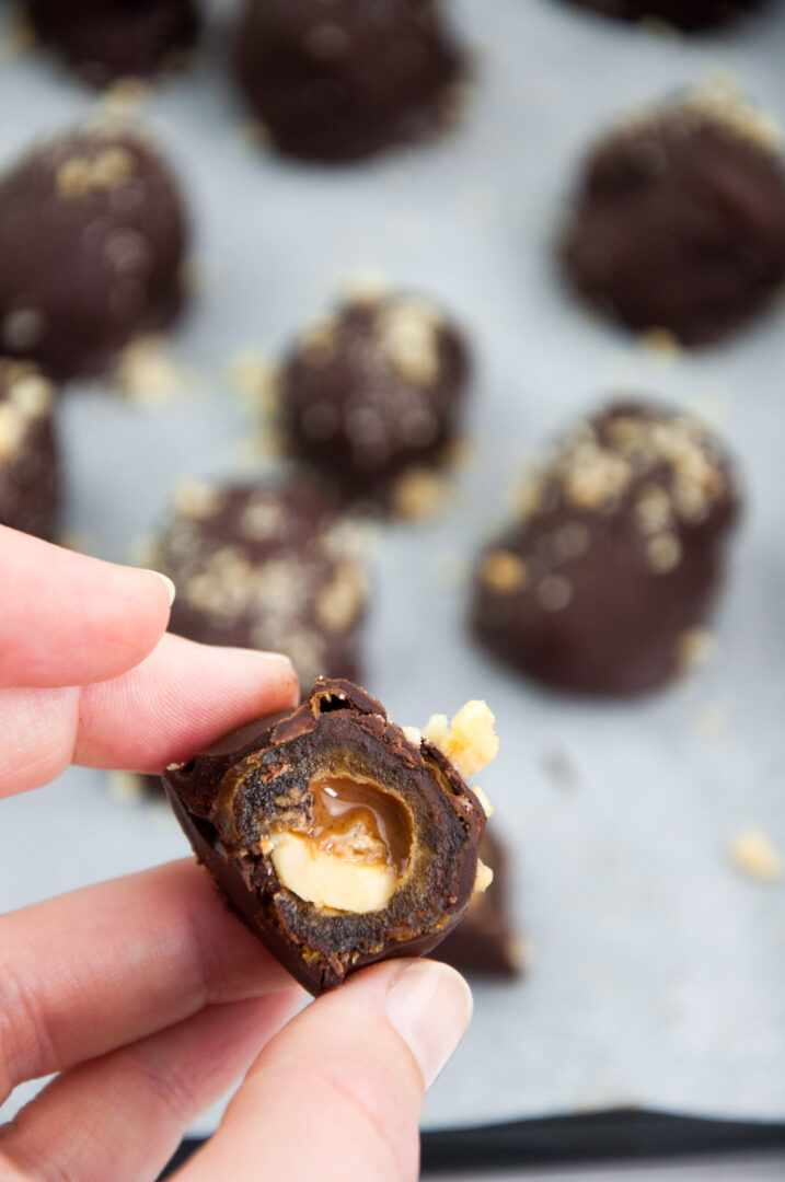 Chocolate Covered Snickers Stuffed Dates Elephantastic Vegan