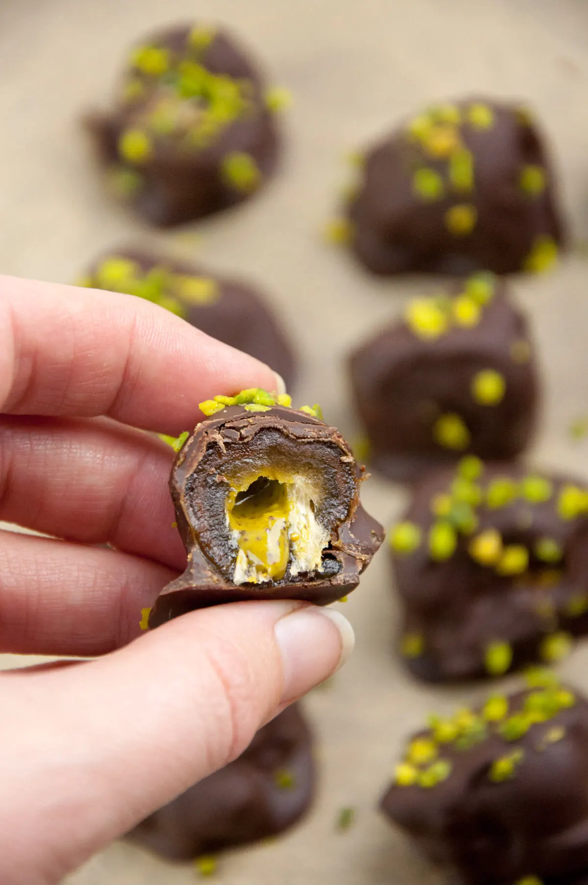 Pistachio Butter Stuffed Dates Covered in Chocolate