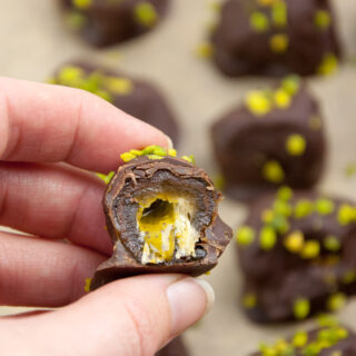 Pistachio Butter Stuffed Dates Covered in Chocolate