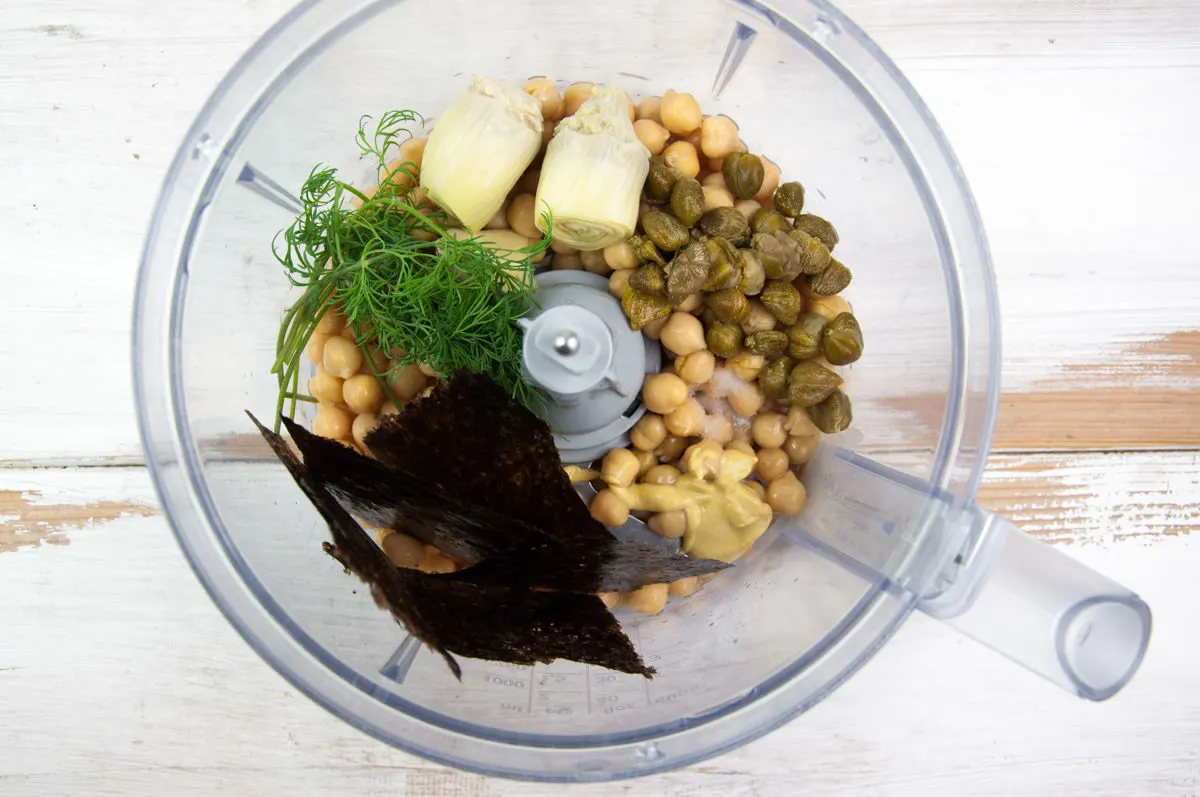 ingredients for chickpea tuna in food processor