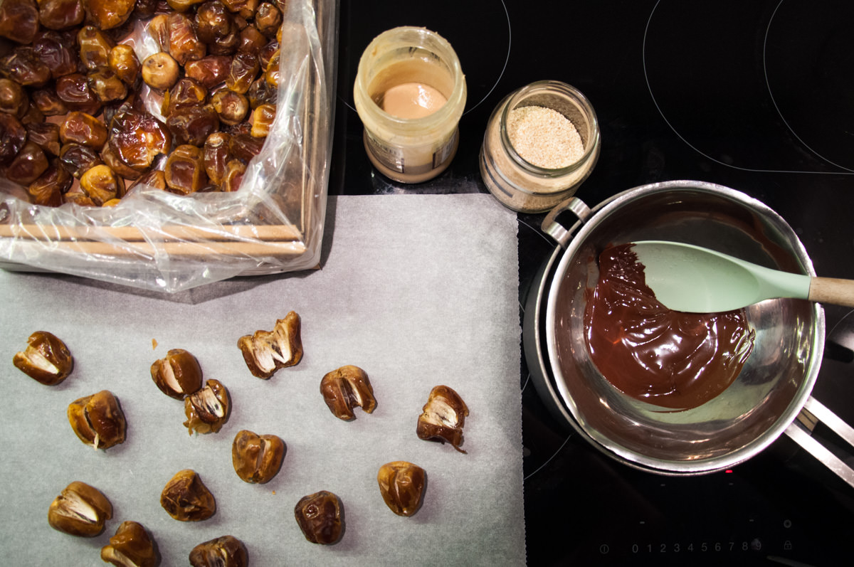 dates, tahini, sesame, and chocolate