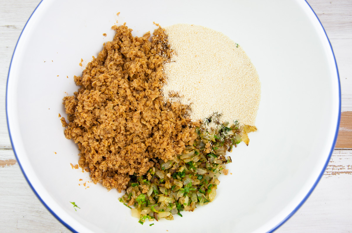 soy granule, onion, garlic, parsley, breadcrumbs in bowl