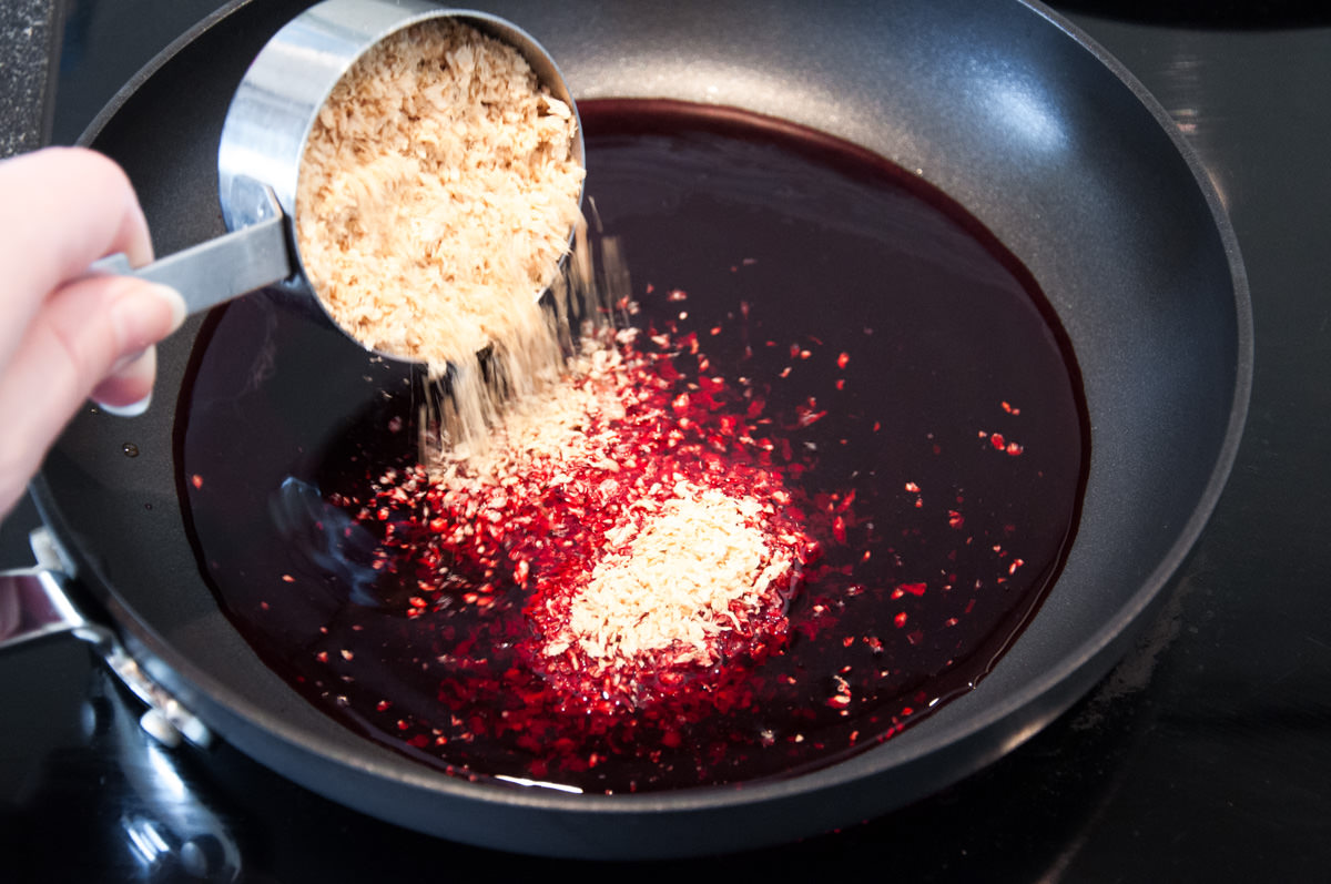 soy granule in red beet juice