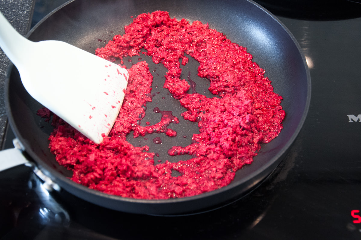 soy granule in red beet juice