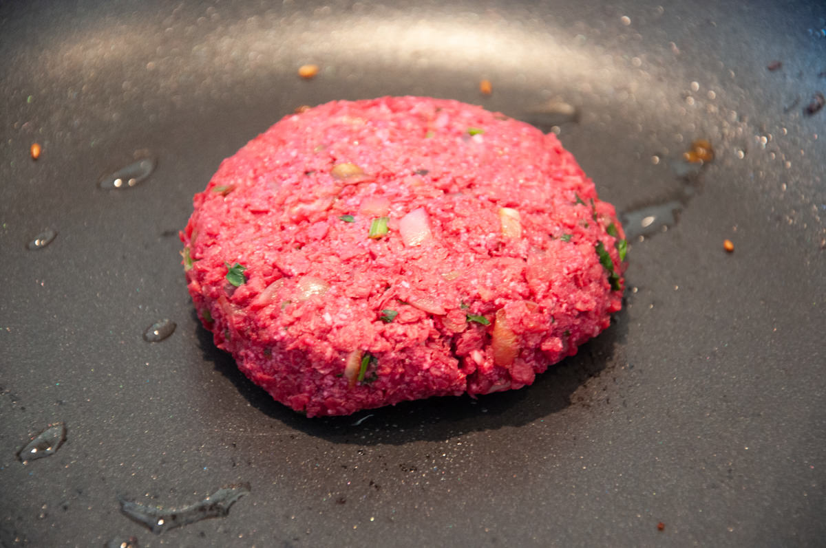 soy protein burger in pan