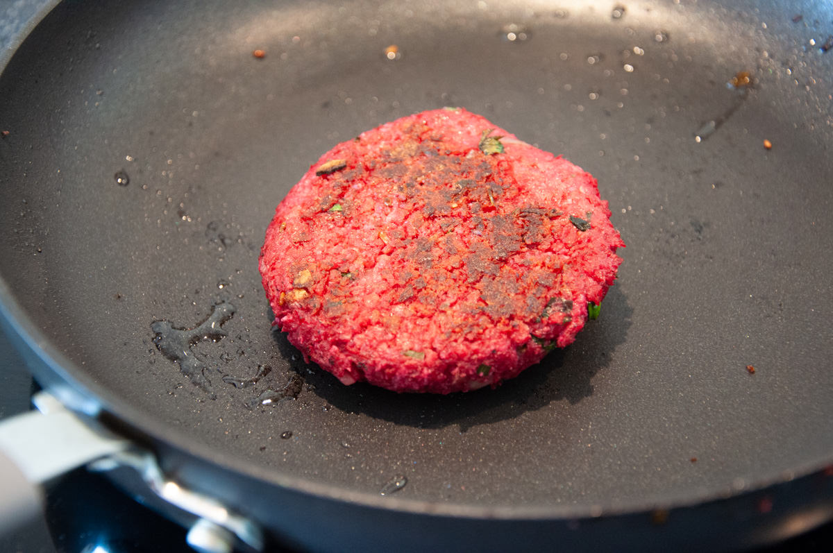 soy protein burger in pan
