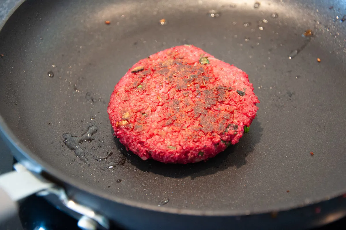 soy protein burger in pan
