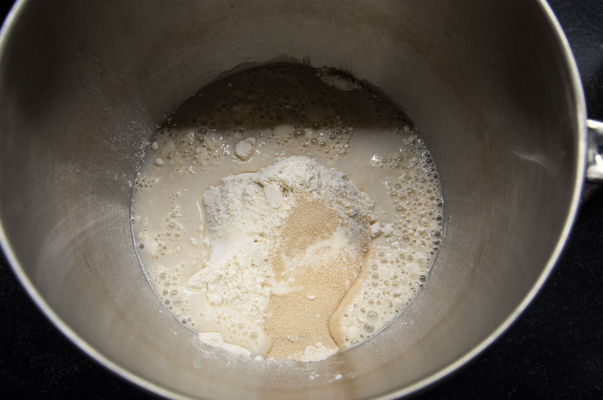 flour, yeast, salt, and rice milk in bowl