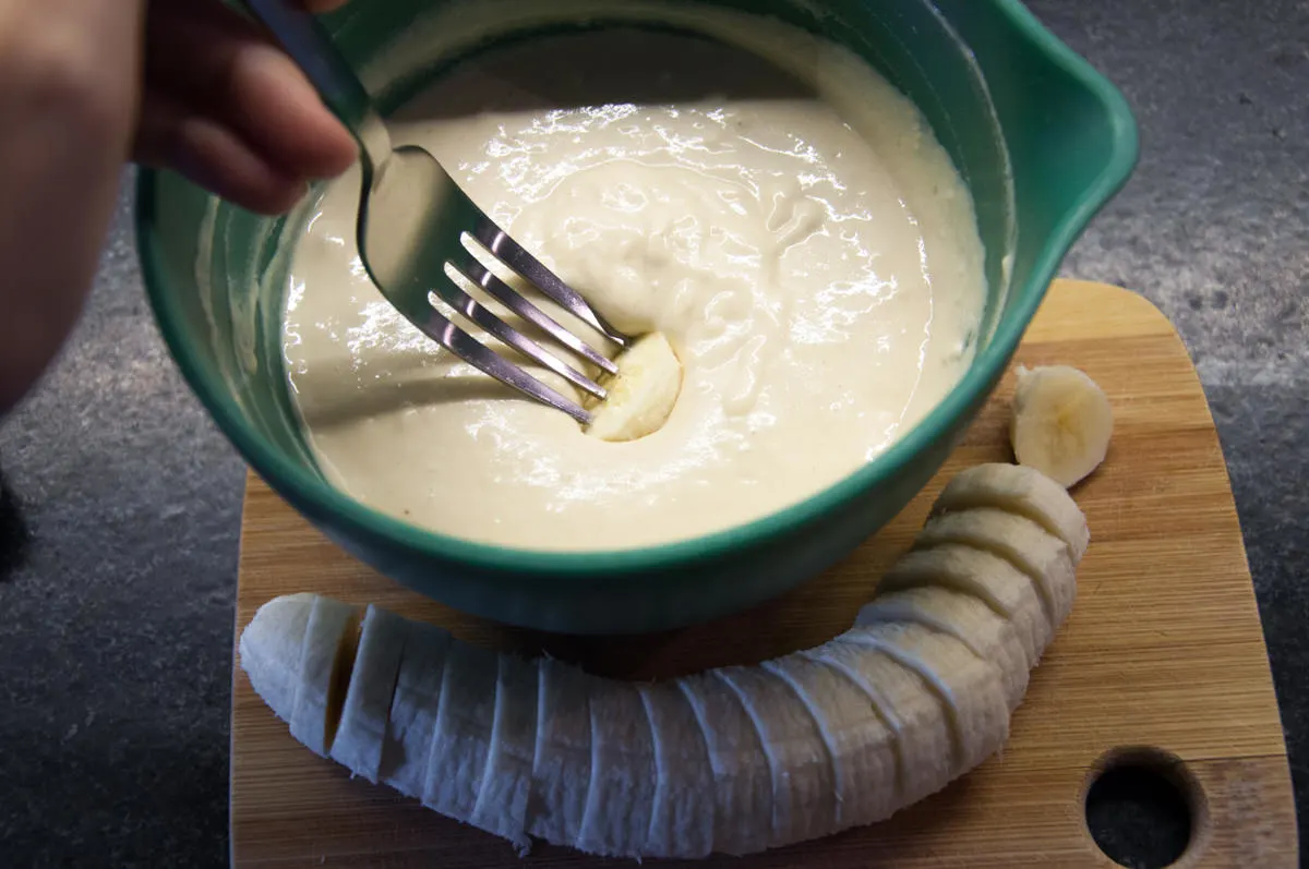 banana slice dipped in pancake batter