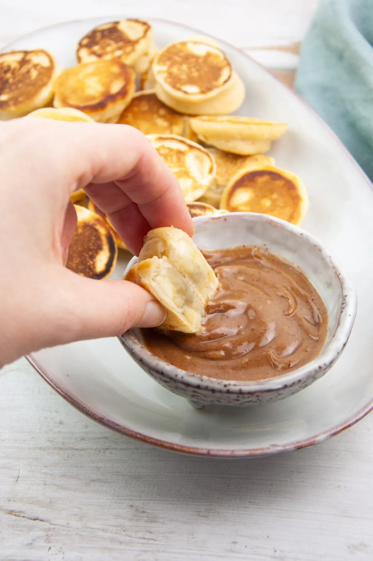 Vegan Banana Pancake Bites with hazelnut caramel sauce