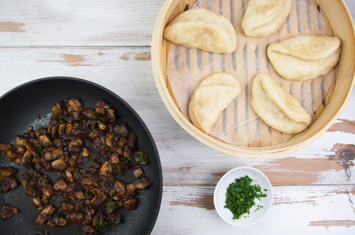 bao buns, bbq mushroom filling, and parsley