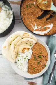 Vegan Red Lentil Curry with basmati rice and naan