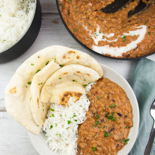 Vegan Red Lentil Curry with basmati rice and naan