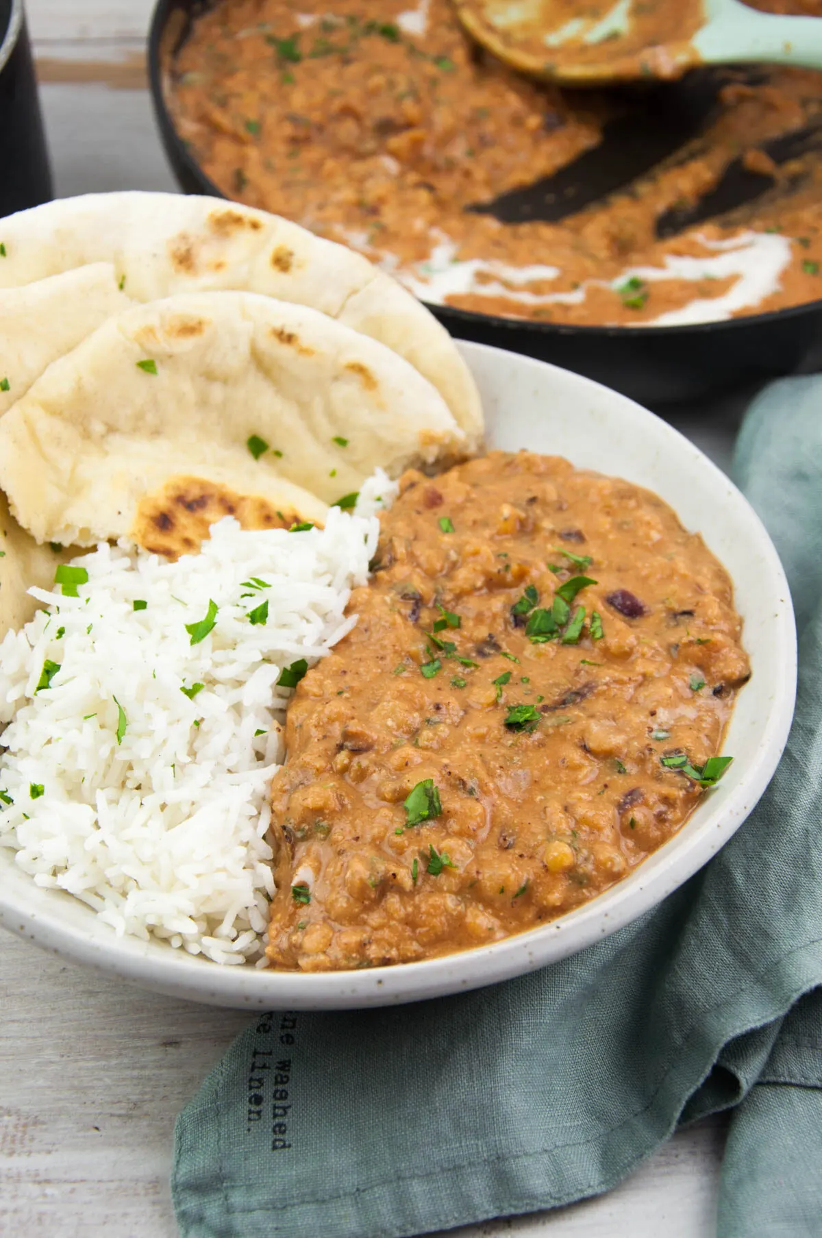 Vegan Red Lentil Curry with basmati rice and naan