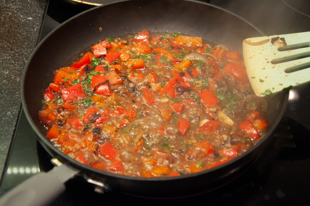 cooking bell pepper, onions, parsley