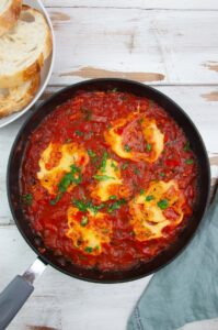 Vegan Shakshuka with chickpea 'eggs'