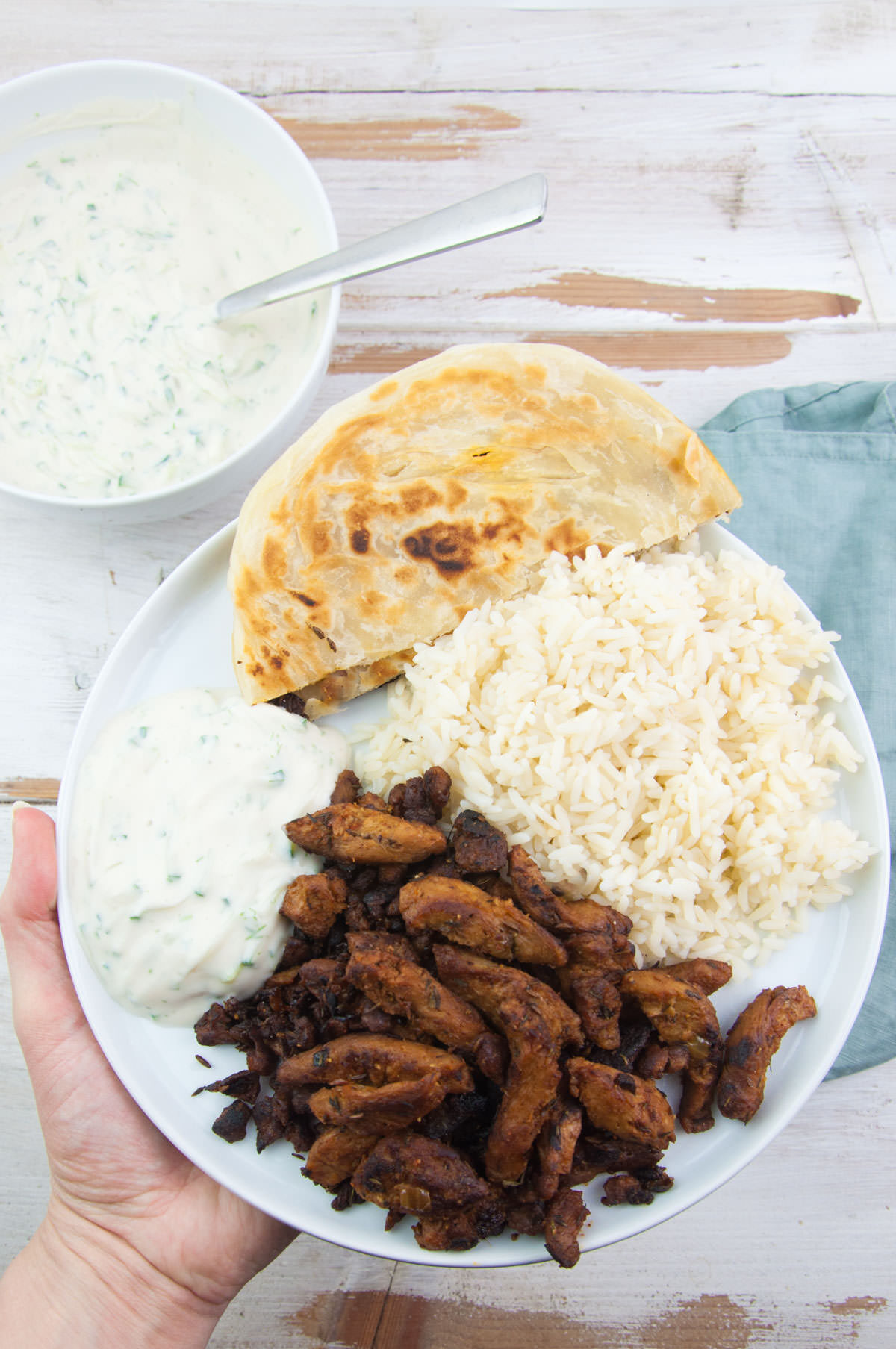 Vegan Tzatziki served with gyros, rice and flatbread