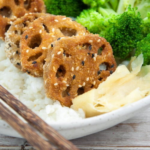 Breaded & Fried Lotus Root served with rice, broccoli and ginger