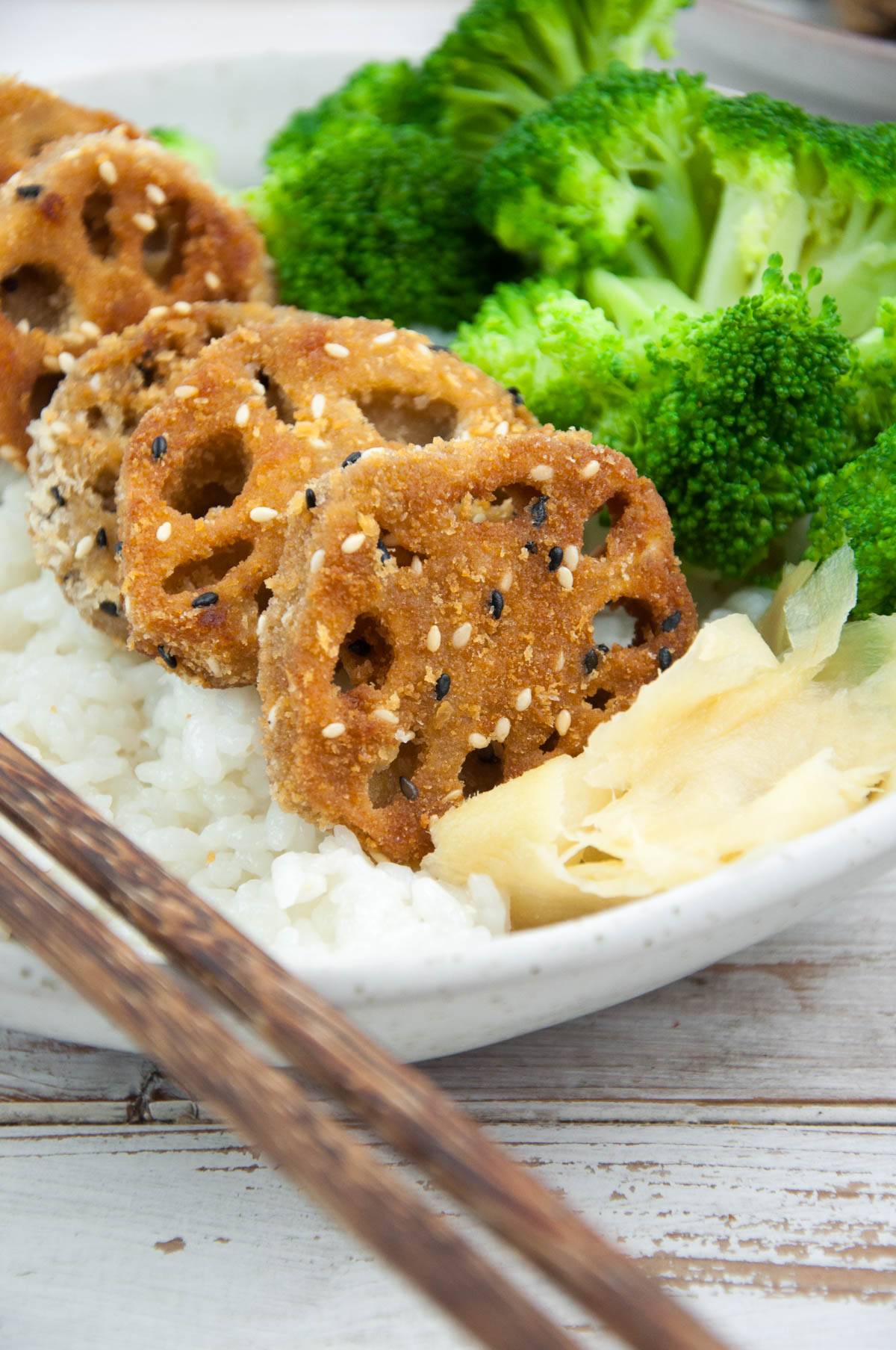 Breaded & Fried Lotus Root served with rice, broccoli and ginger