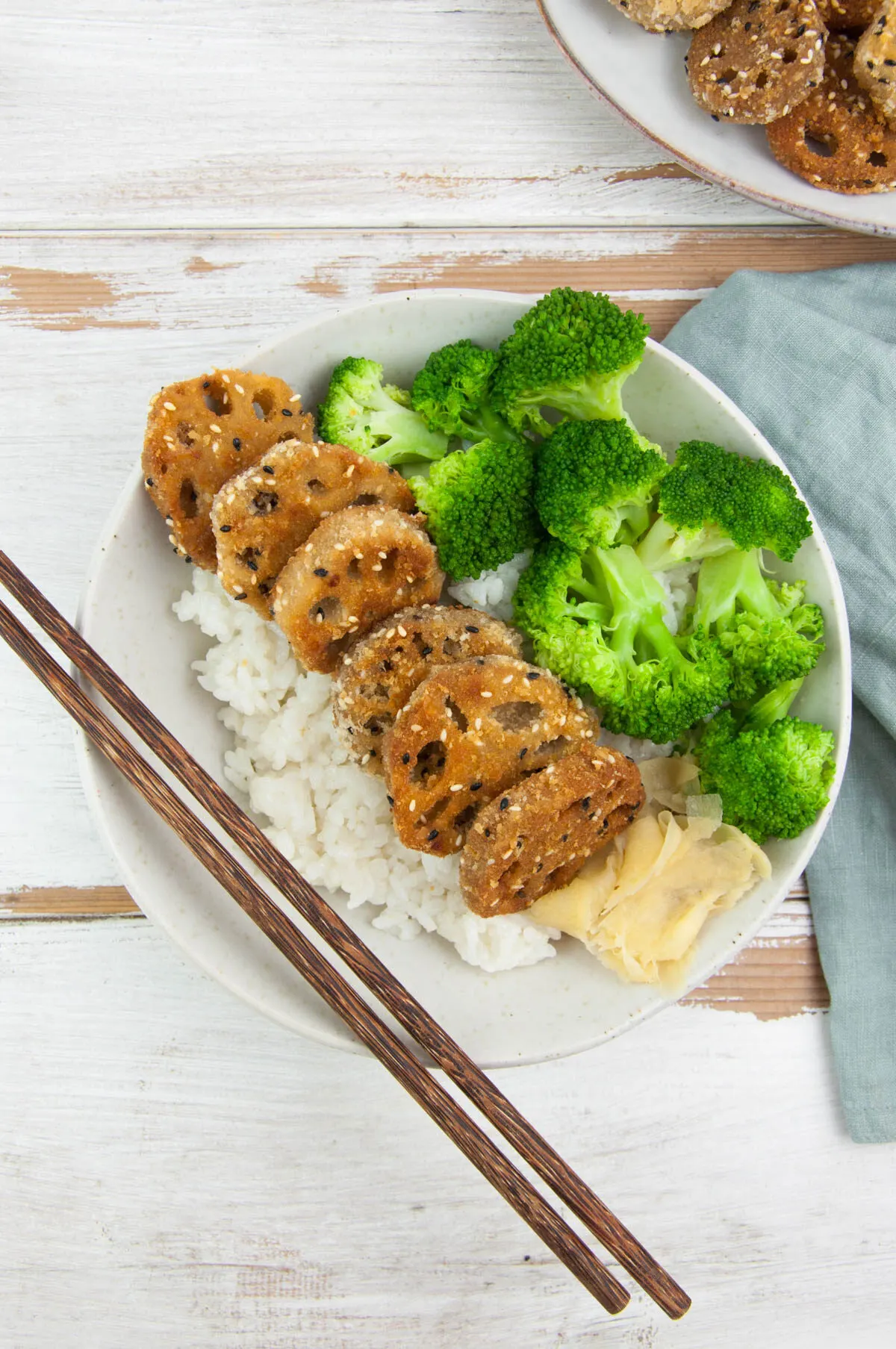 Breaded & Fried Lotus Root served with rice, broccoli and ginger