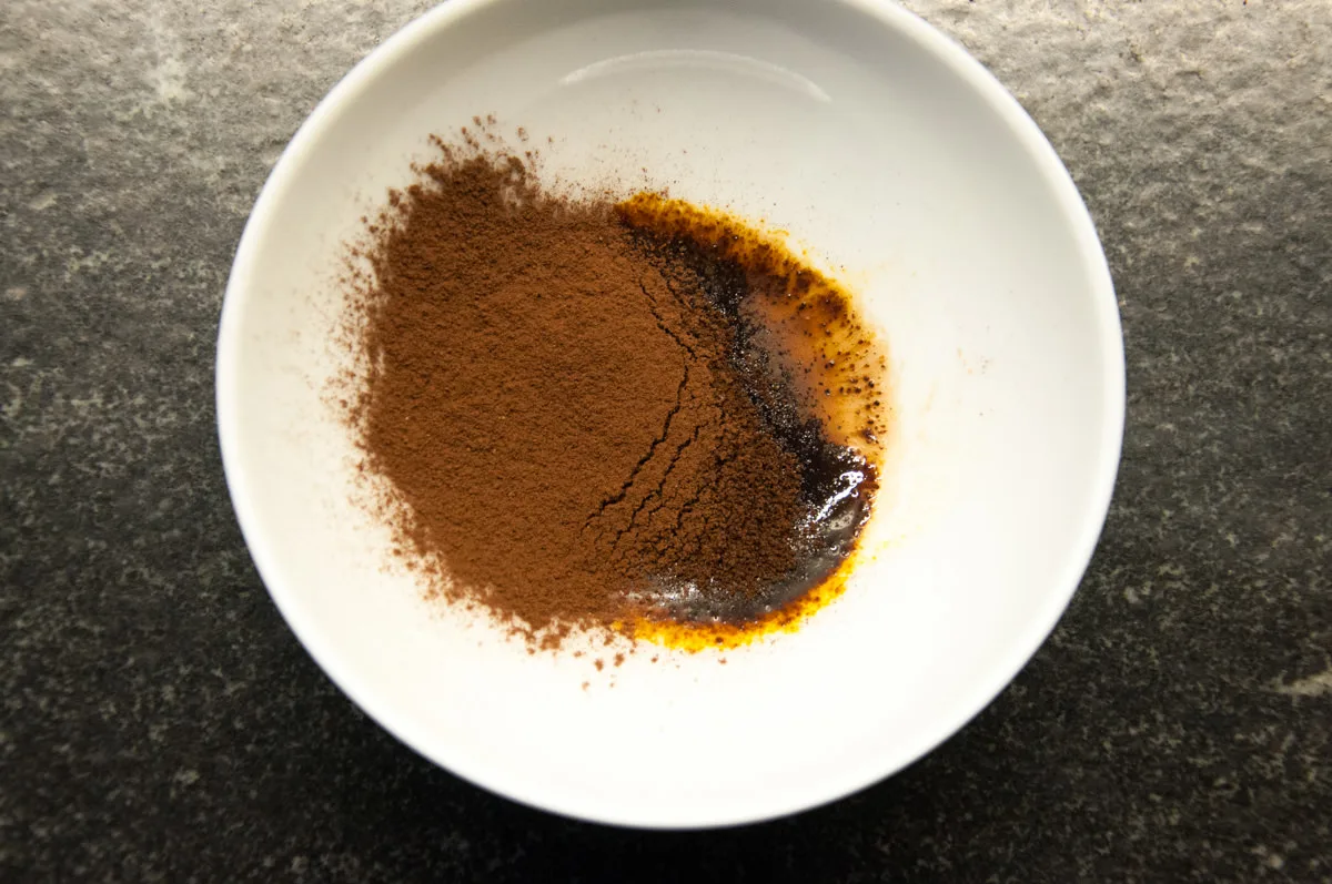 instant coffee, cocoa powder and water