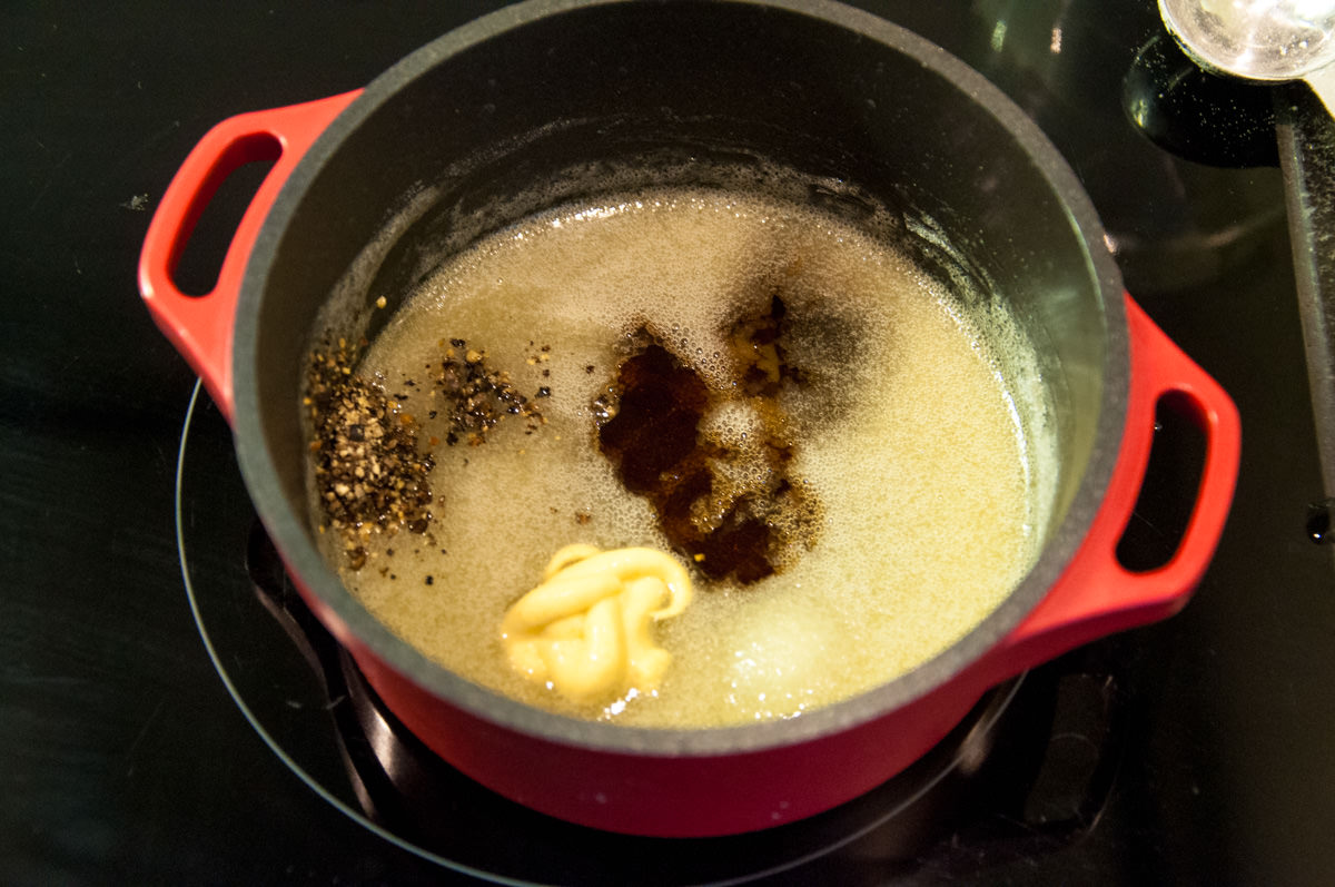 vegan butter, flour, soy sauce, mustard, salt, and pepper in pot