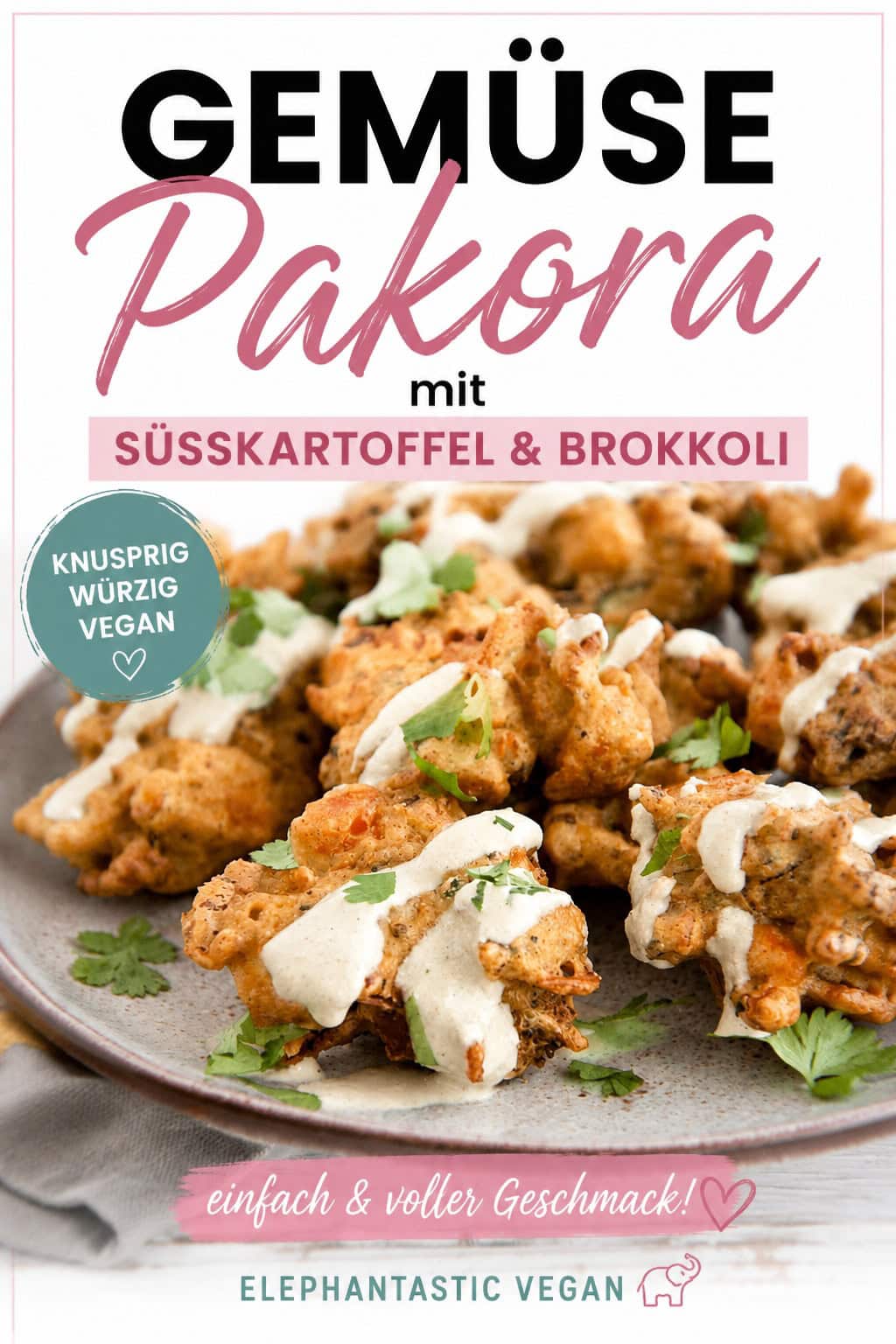 Vegetable Pakora with Sweet Potato & Broccoli, vegan, crispy, flavorful, Elephantastic Vegan.
