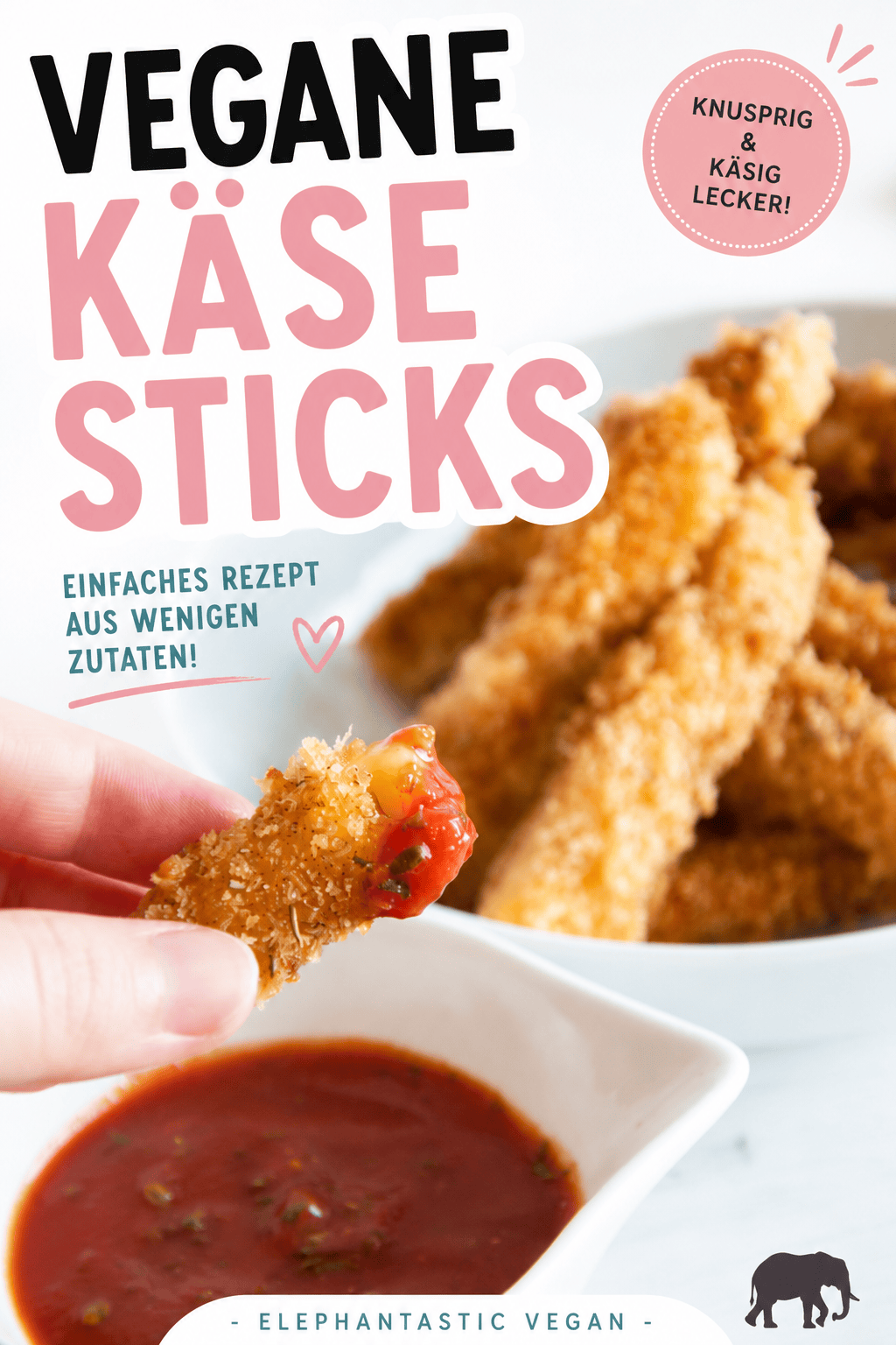 Vegan cheese sticks with crispy coating and dipping sauce, plant-based snack from Elephantastic Vega.