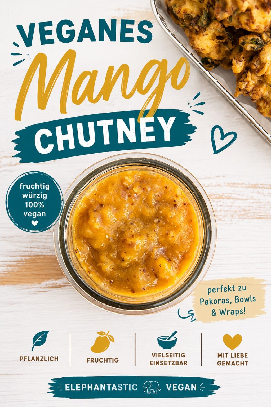 Vegan Mango Chutney in a glass jar, fresh and flavorful, perfect for vegan dishes and snacks.