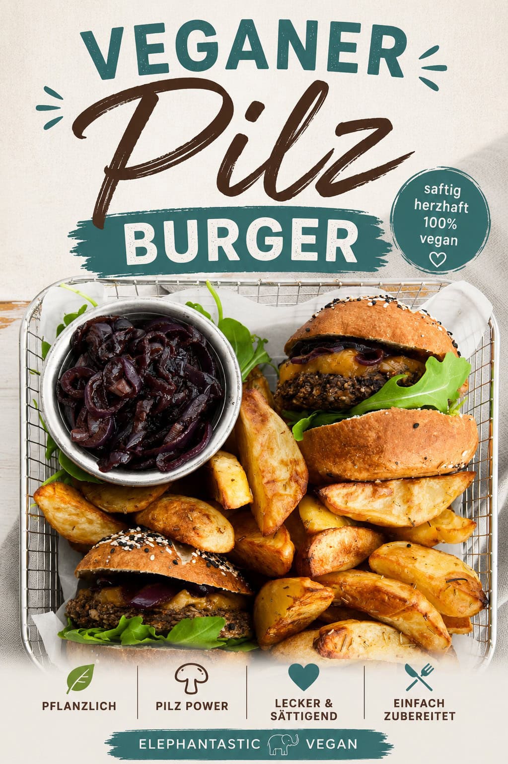 Veganer Pilz Burger with crispy potato wedges and caramelized onions on a white plate.