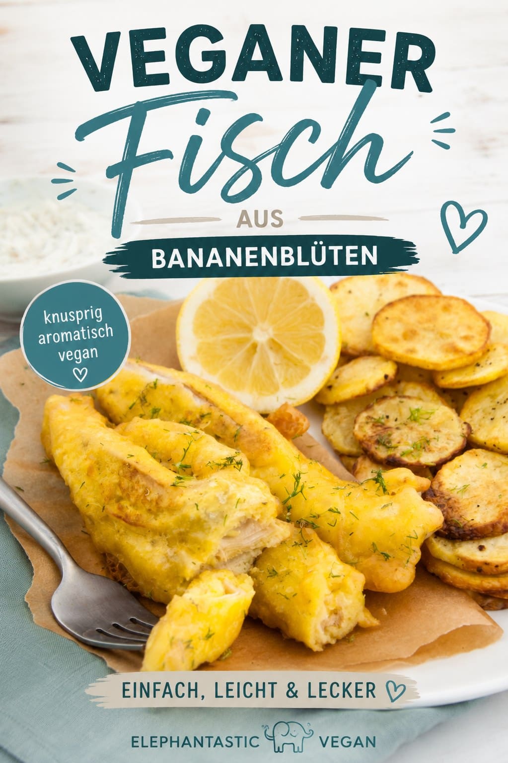Vegan Fish from Banana Blossoms with Lemon and Crispy Potatoes, Plant-Based Seafood Alternative.